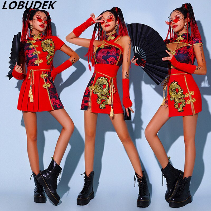 Estilo chino Sexy de dragón mostrar traje de las mujeres bailarina equipo Jazz baile de Hip Hop rendimiento ropa Vintage Vestido corto vestido