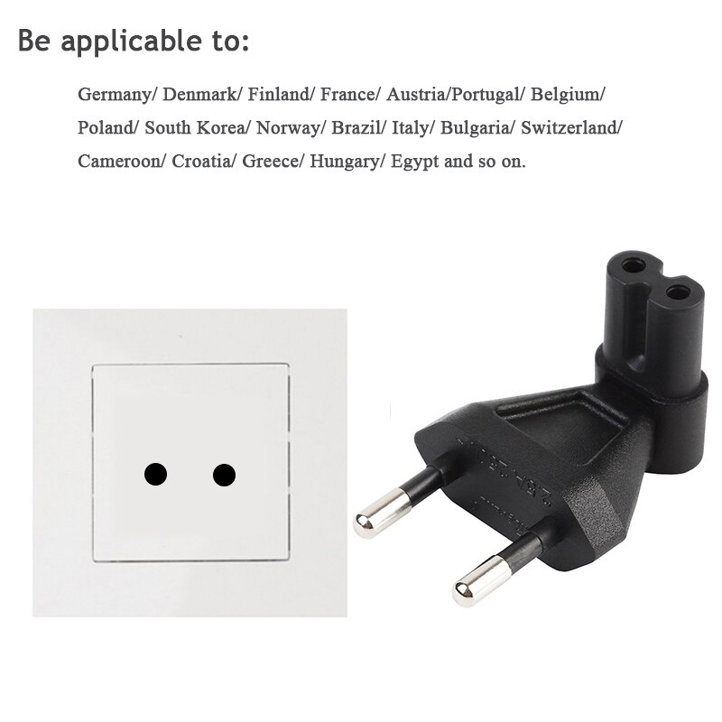 2-Pin Eu Male To Iec 320 C7 Female Ac Adapter 2.5A Fuse, Eu Industrial Heavy Power Converter