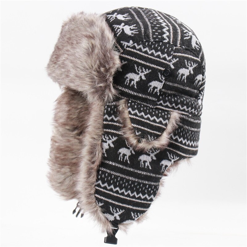 Gorra de esquí a prueba de viento para hombre y mujer, casco de vuelo con orejeras gruesas, ciervo de Navidad, más gorro cálido de terciopelo con gafas, Invierno: black