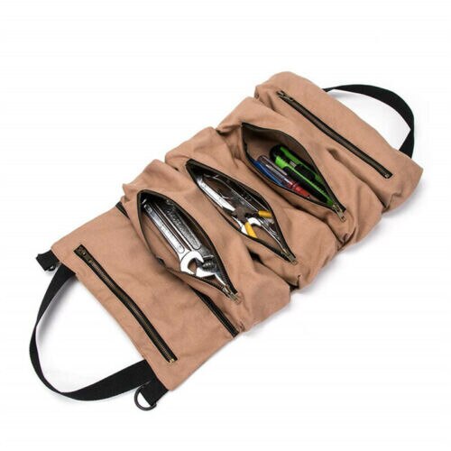 Multi-Purpose Tool Roll Up Canvas Storage Bag Wrench Roll Pouch Hanging Tool Zipper Carrier Tote Organizer: Khaki