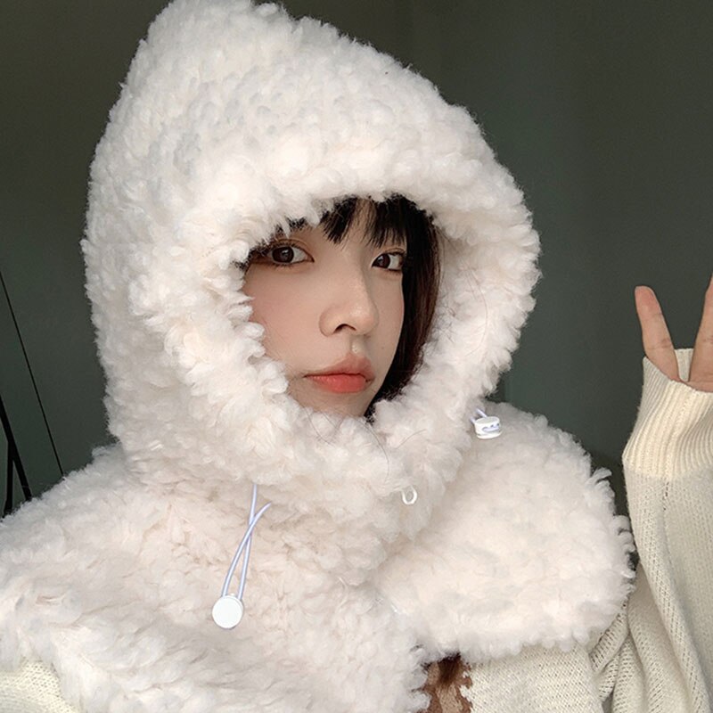 Gorro con capucha de pelo de cordero Artificial para hombre y mujer, gorro grueso con cordón para la cabeza, ajustable, de Color sólido, para invierno
