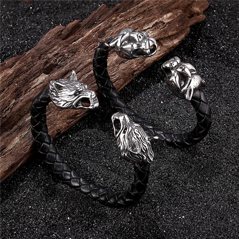 Vintage Viking Wolf Panther Head Cuff Bracelet Bangles Men Stainless Steel Bracelet Punk Leather Jewelry Accessories