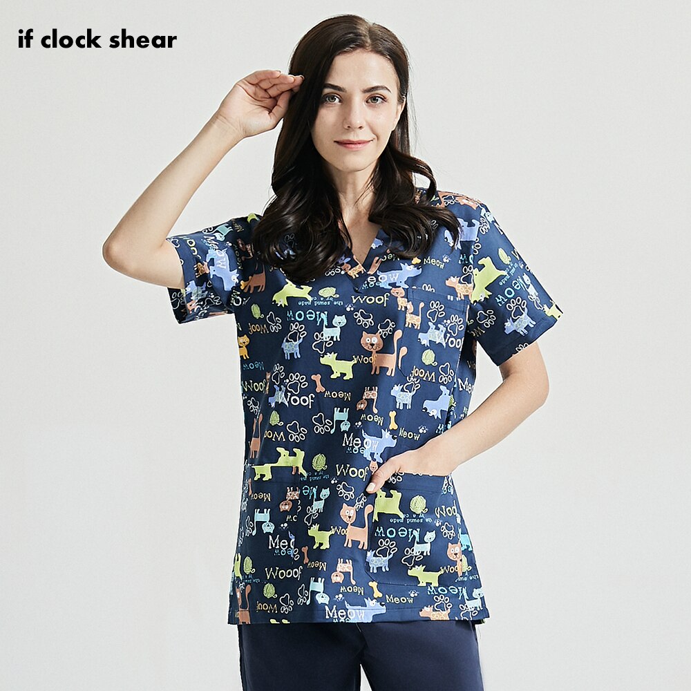 Health service desigh women suits V-neck Beautician workwear dog print scrub tops Short Sleeved pet store work clothing