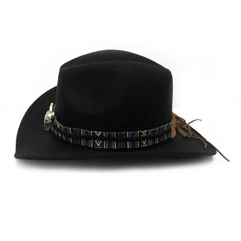 Mode Mannen Vrouwen Western Cowboy Hoed Met Koe Hoofd Band Brede Rand Hoed Pop Jazz Hoed Winter Wol Hoed Maat 56-58Cm