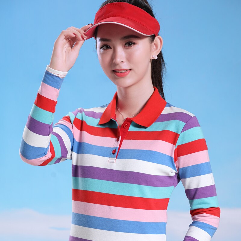 Dames klassieke pasvorm gestreept kleurrijk stretch katoenen poloshirt met omslagkraag dames poloshirts lange mouw polo femme