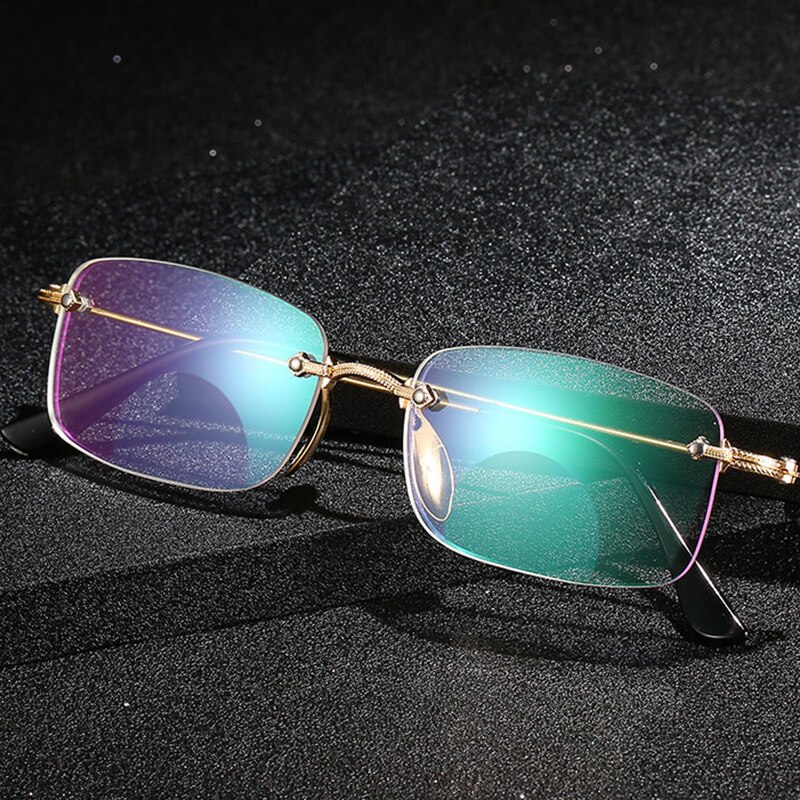 Trendy Rimless Bifocal Reading Glasses Men Women Near and Far Anti Blue Light Diamond Cutting Presbyopic Glasses gold