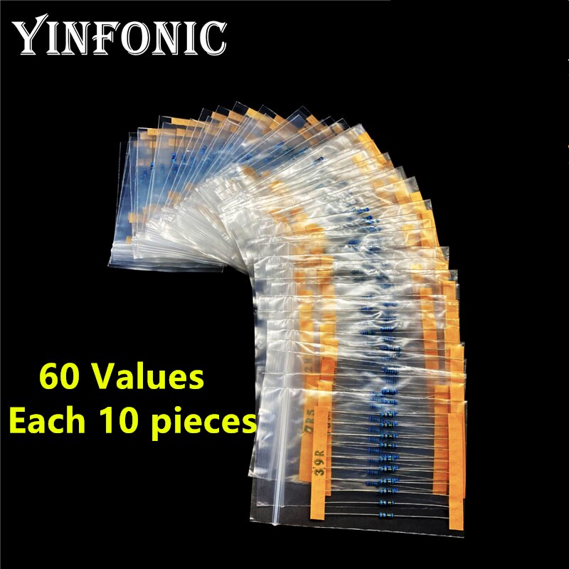 60 Values 1/4W 1% metal film resistors 5-Band-Code 1R-10M each 10 pieces Total 600 pieces Resistor Kit With Box