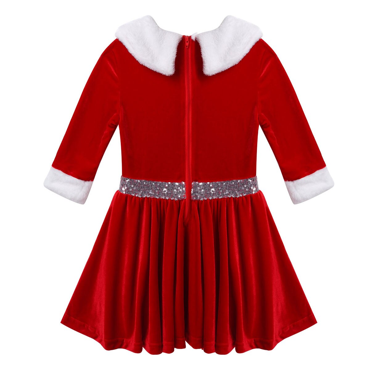 Kids Girls Christmas Dance Costume Dancewear Long Sleeve Faux Fur Trimming Velvet Baton Twirling Dress Figure Ice Skating Dress