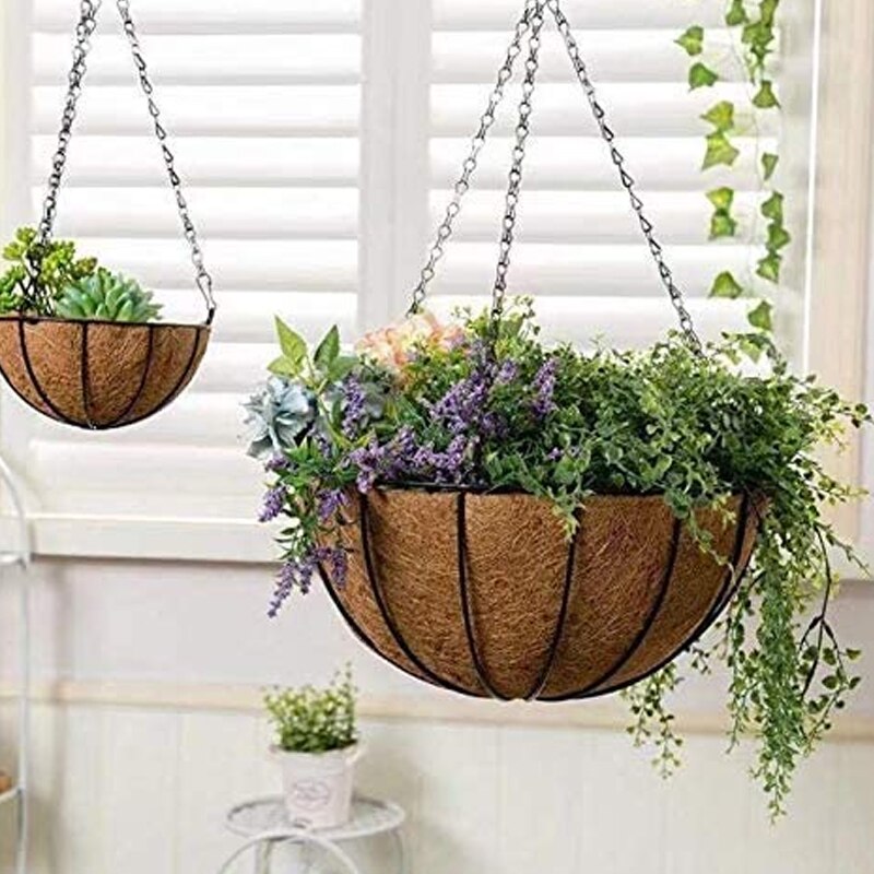 1pc Iron Coconut Half Round Flowerpot Hanging Pots Garden Plant Planter Flower Basket Wall Window Rattan Decor Pot