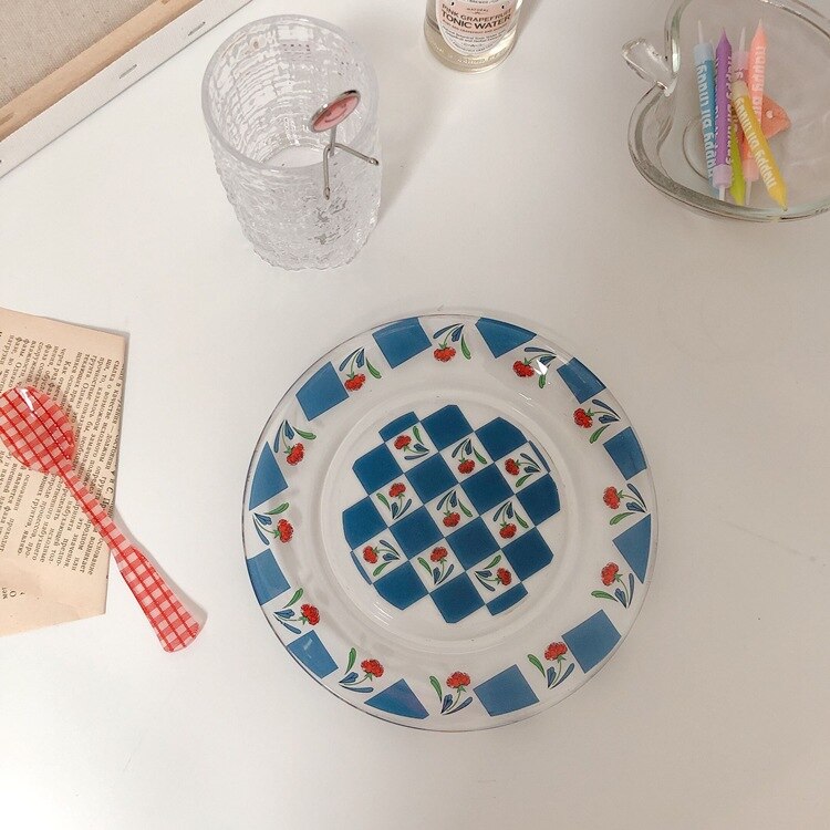 Ins Pop Flower Checkered Glass Plate Vintage Medieval Blue Checkered Tempered Glass Fruit Plate Cake Dessert Plate