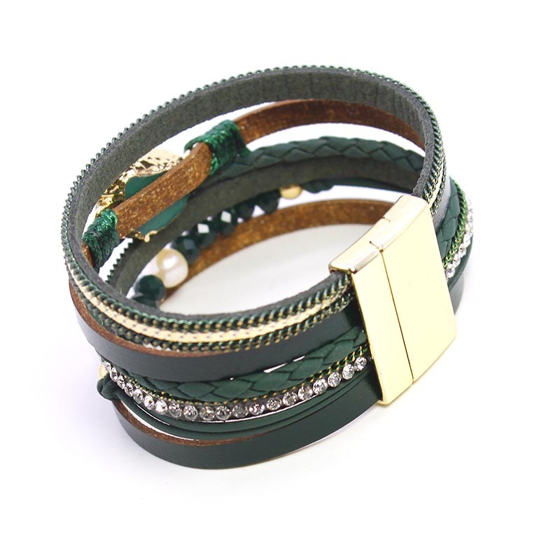 D & D pulseras de cuero de cristal para mujer estilo Retro Boho tejido ancho multicapa Charm Bracelet & Bangles joyería femenina