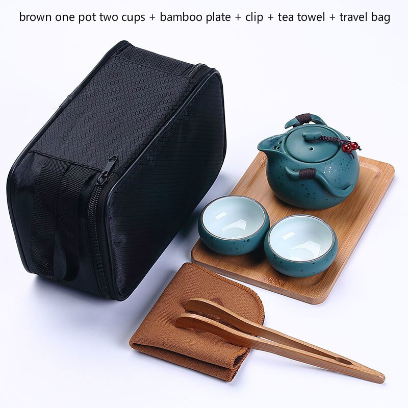 3Pcs Travel tea set Tea Set Porcelain Double Wall Cup Flower Dragon Moutain Teapot Kung Fu Tea Set A: A-brown