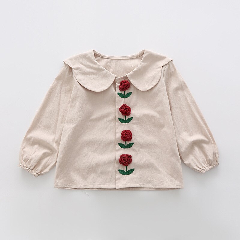 Primavera nuovo francese tridimensionale fiore rosa abiti a maniche lunghe camicie per ragazze dolce colletto per bambole camicie per bambini top