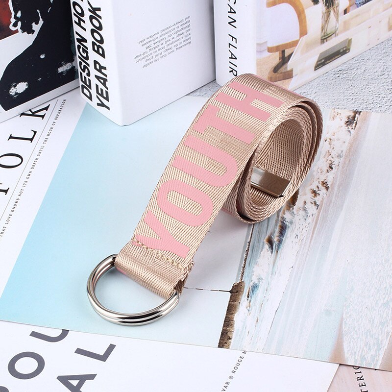 Cinturón de lona con letras para mujer, cinturón largo de nailon, accesorio harajuku, pantalones vaqueros: pink