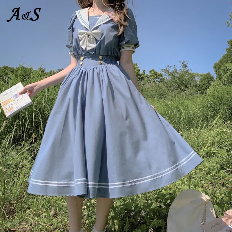 Anbenser japonês doce lolita vestido harajuku marinheiro colarinho vestidos da marinha vintage arco kawaii meninas estilo preppy vestido de manga longa