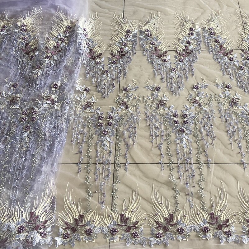 Saskia 1 yard perlebroderi stof afrikansk blonder mesh net stof materiale syning til brudekjole tøj blomst stof diy: Lilla