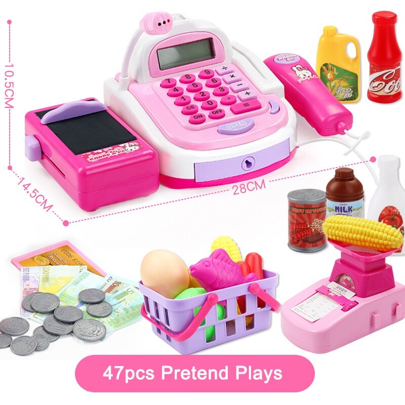Supermarkt Mini Einkaufen Einkaufen Lebensmittelhändler Minimarket Bis registrieren Kassierer Simulation Möbel Kasse vorgeben Spielen Haus Spielzeug: 47Stck Rosa