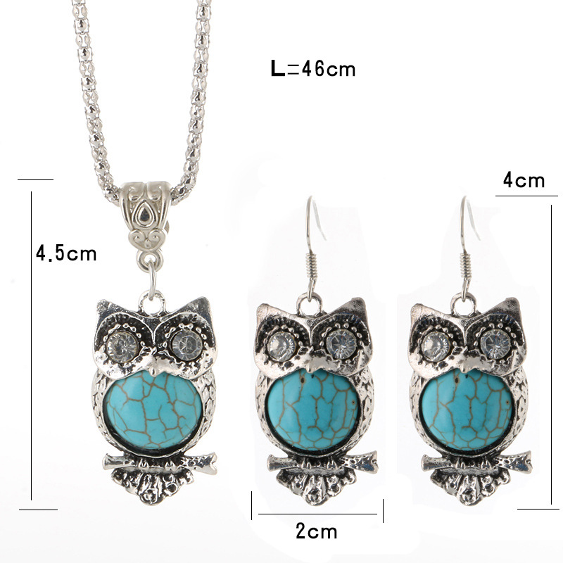 Retro Turquoise Uil Sieraden Sets 925 Zilveren Hanger Oorbel Ketting Ketting Handgemaakte Amulet Voor Haar Vrouw