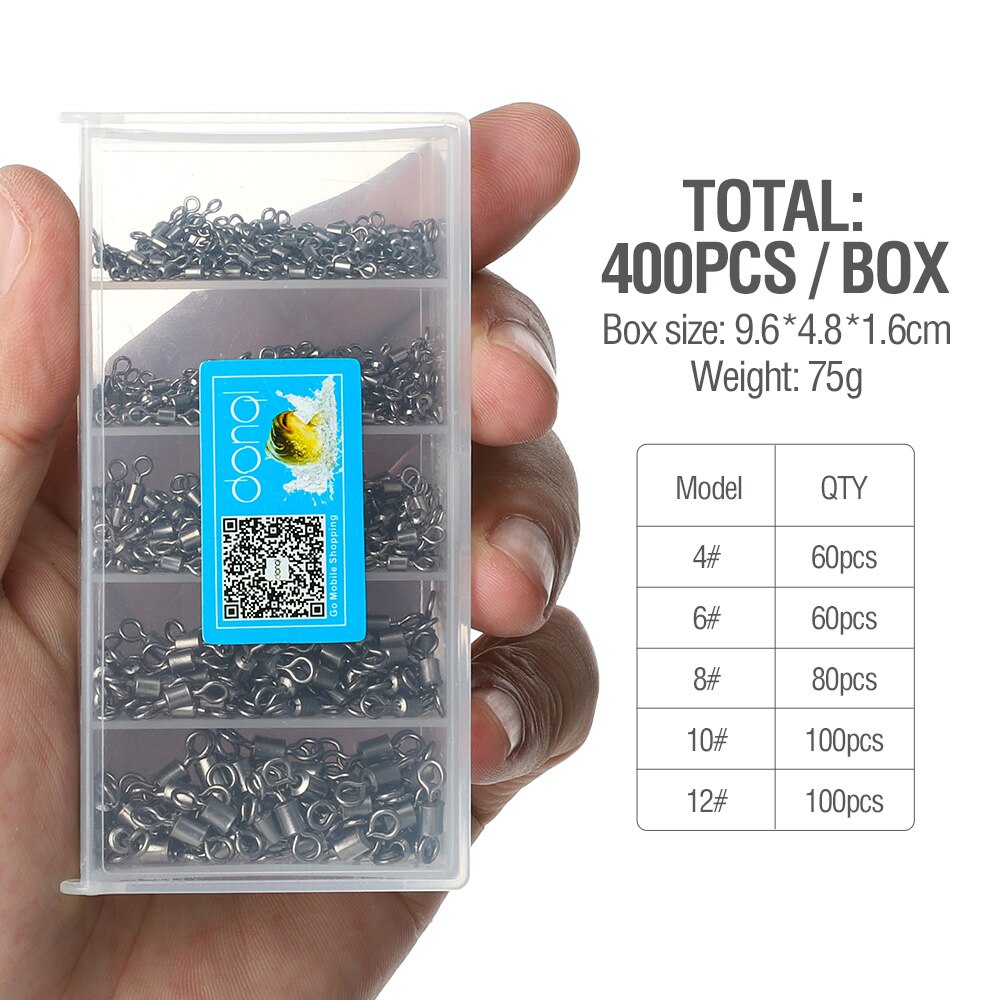 DONQL 200/500PCS Vissen Connector Set Ball Bearing Swivel Solid Ring Vissen Connector Barrel Rolling Swivel Lokken 4 #-12 #: 400psc
