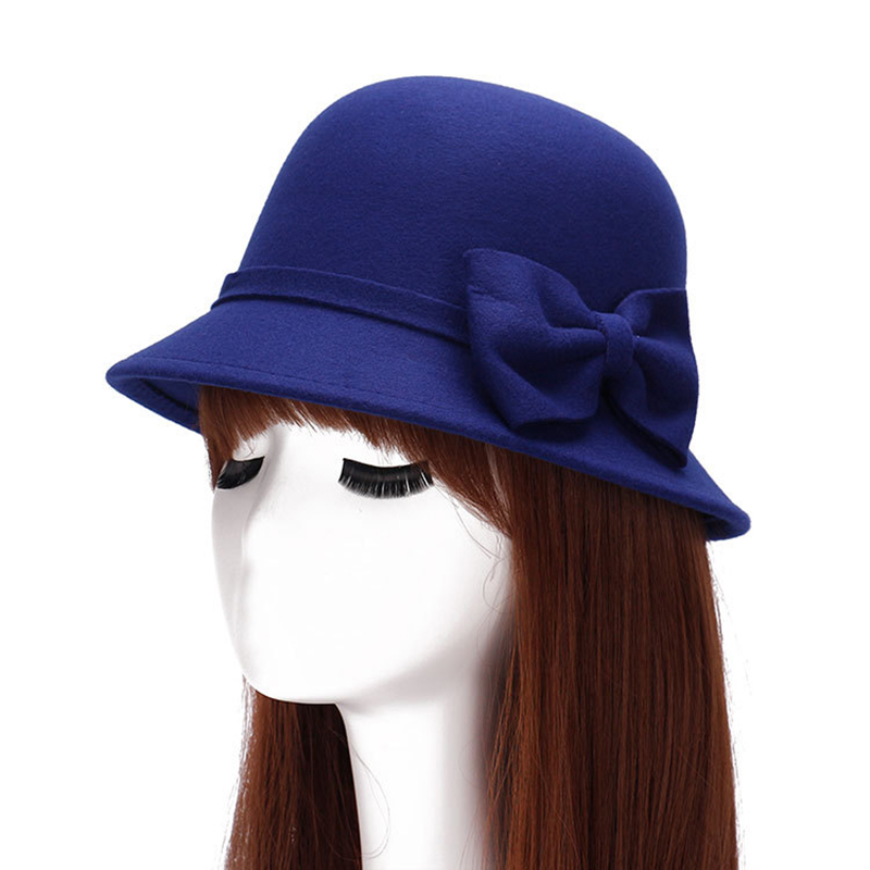 Herbst Winter Frauen Hütte Solide Wolle Filz Kuppel Fedoras Hüte Jahrgang Bogen Eimer Hütte Damen Kappe chapeau femme шляпа: königlich Blau