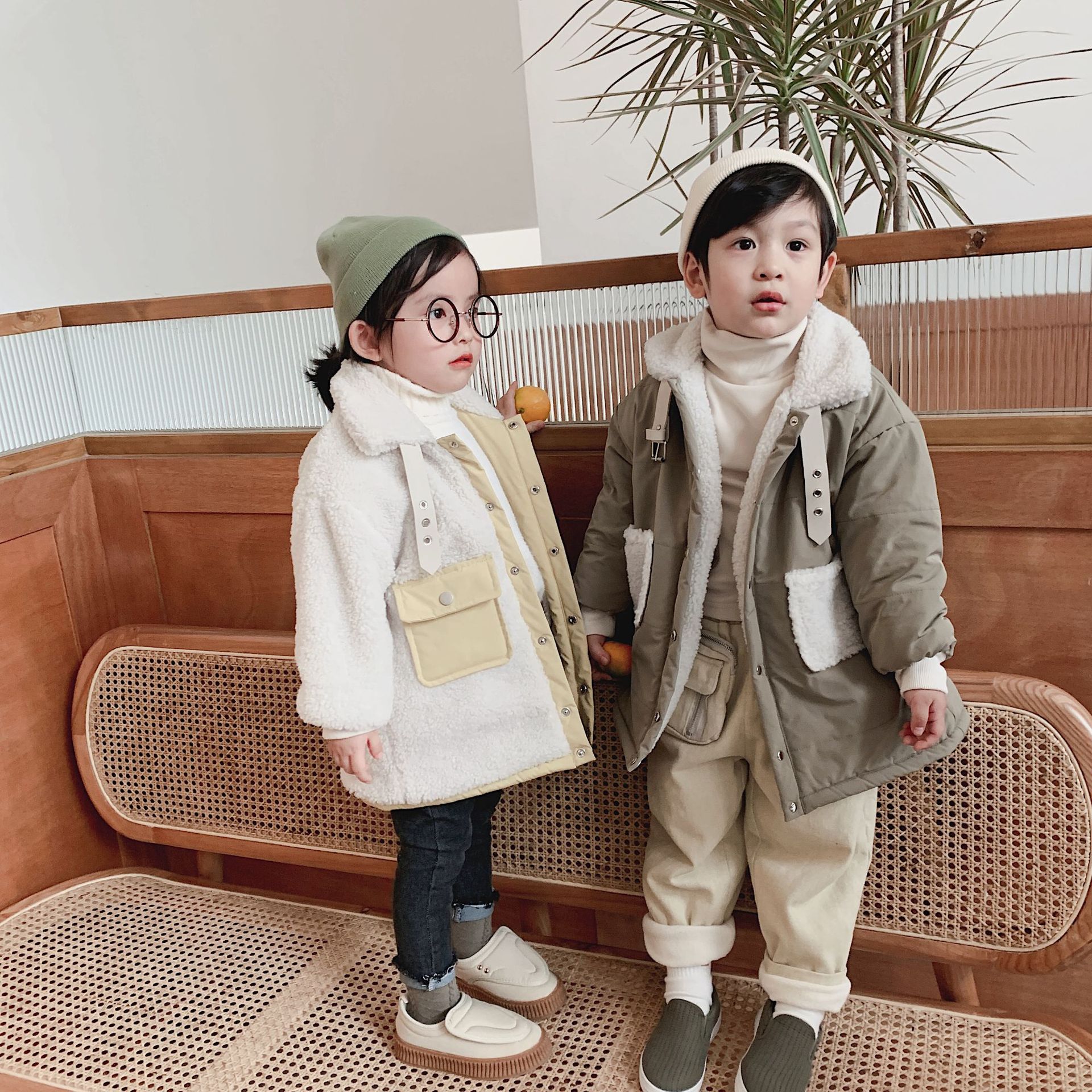 winter long boys and girls cotton children's lambs hair double-sided cotton padded cotton jacket
