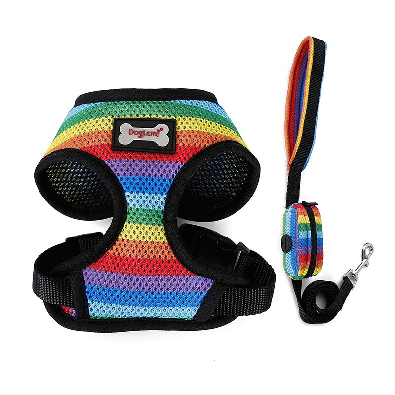 Dog Harness Met Leash Set Kleine/Medium Dog Harness Vest Wandelen Lead Met Kak Tas Regenboog Soft Air Mesh ademend Ademend: S 24-40cm chest