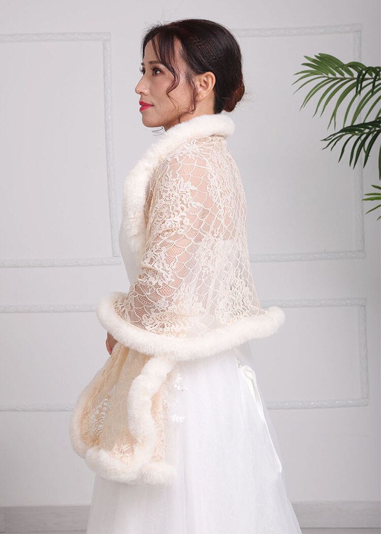 Women bolero Trendy Soft Rice white Shawls Lace Cloak Faux Fur Short plush outwear shrugs for ladies Wedding Bridal cape dress