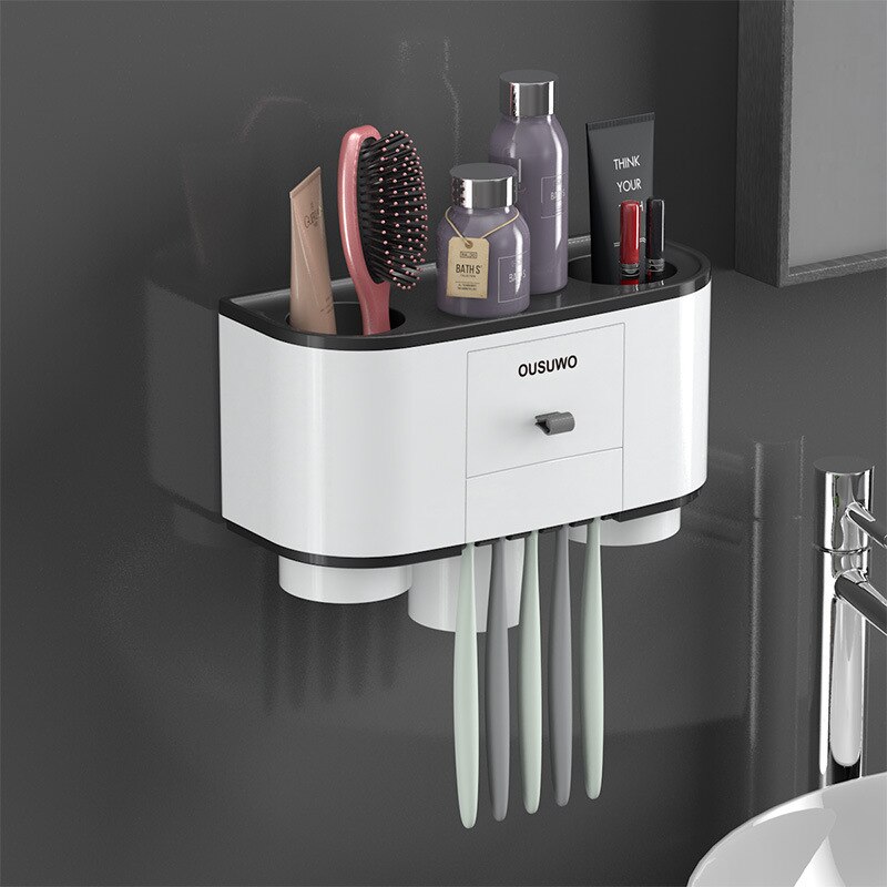 Spazzolino da denti titolare distributore Automatico di Dentifricio spremiagrumi per Il Bagno cremagliera Di Stoccaggio cremagliera di Montaggio A Parete Accessori per il Bagno impostato: A-Three cups nero
