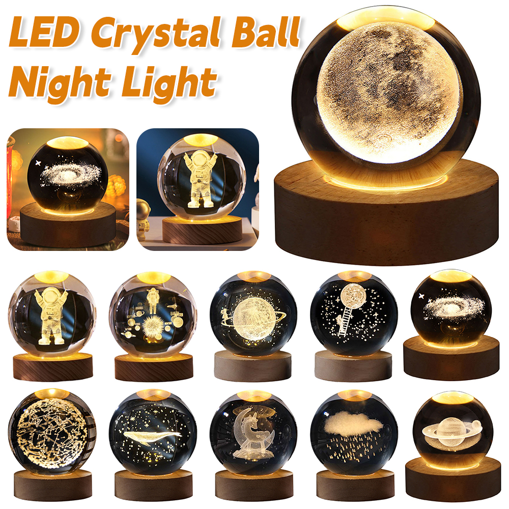 LED Kristall kugel Nachtlicht USB Aufladen 3D gravierte Mond Planet Galaxie Astronaut glühenden Kristall kugel Tisch lampe Geburtstags
