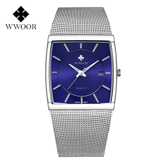 Wwoor Luxe Goud Ultra Dunne Quartz Horloges Voor Mannen Mode Vierkante Heren Horloge Stalen Mesh Band Waterdicht Datum Pols horloge: silver blue