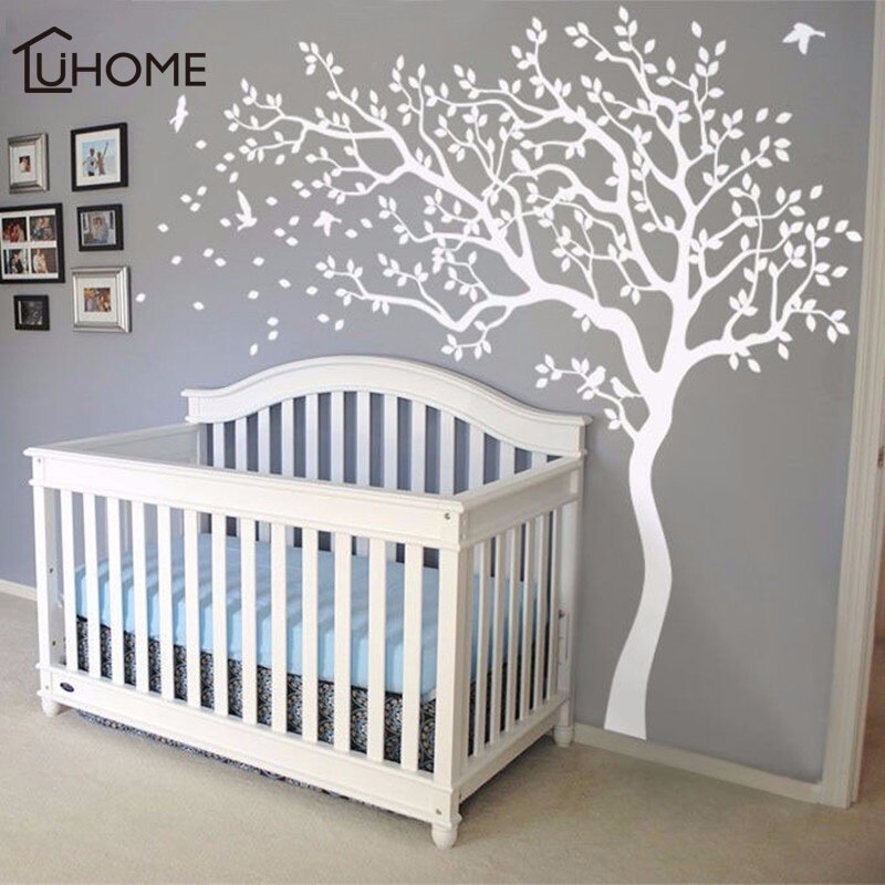 Grand arbre blanc oiseaux Vintage Stickers muraux amovible pépinière murale Stickers muraux pour enfants salon décoration décor à la maison: WHITE