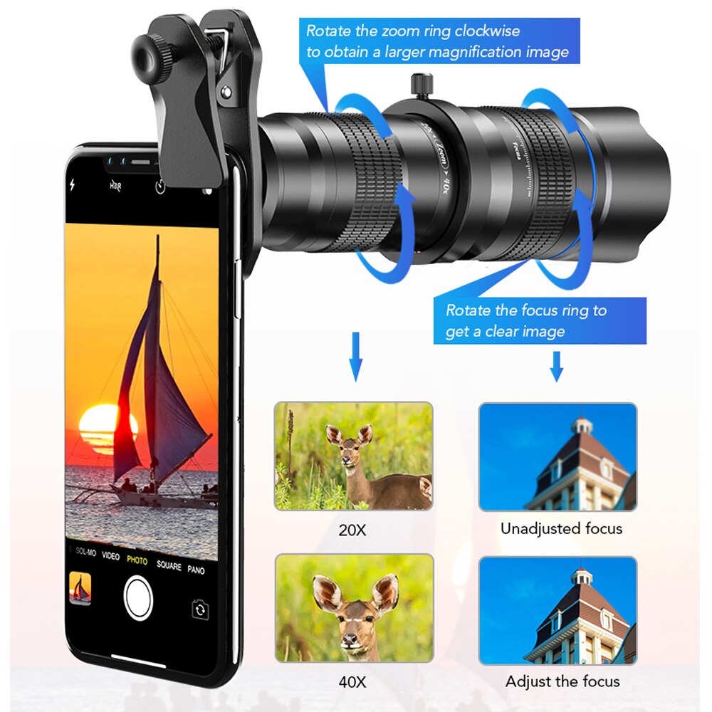 APEXEL 20X-40X Adjustable Zoom Telescope Lens Phone Camera Telephoto Mobile Lens Kit 2in1 Monocular+Selfie Tripod With Remote