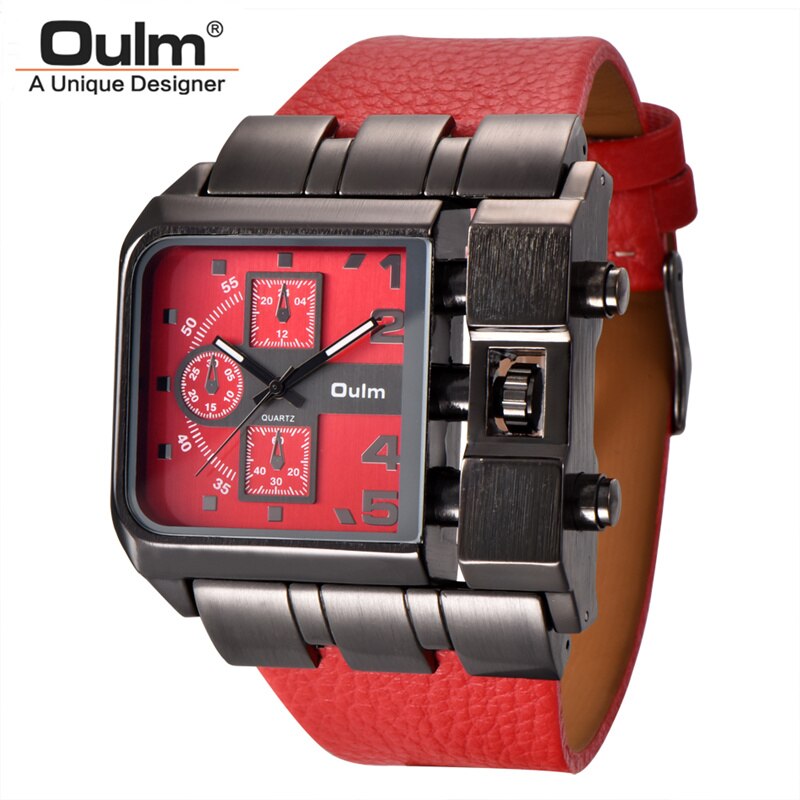 Oulm 3364 Big Size Watches Men Luxury Brand Sport Male Quartz Watch PU Leather Unique Men's Wristwatch relogio masculino: Red