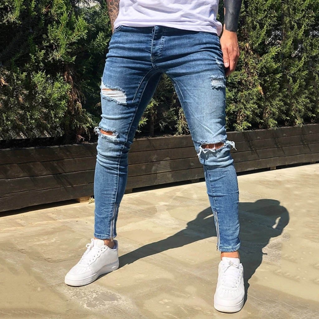 denim jeans men stretch Hole Trouser Distressed ripped jeans Long Pencil Pants Streetwear kot pantolon erkekler#g2