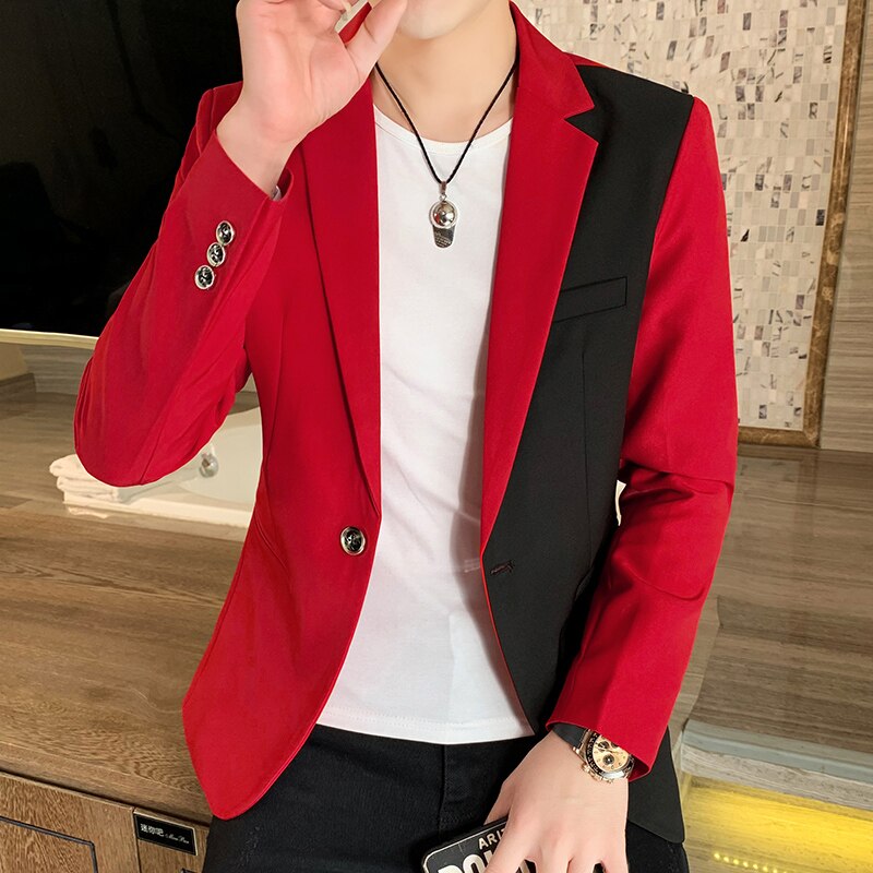 Svart hvit patchwork herre blazer jakke merke koreansk enkeltknapp slim fit herre dress kåpe vest homme kostyme: Rød / Asiatisk størrelse l