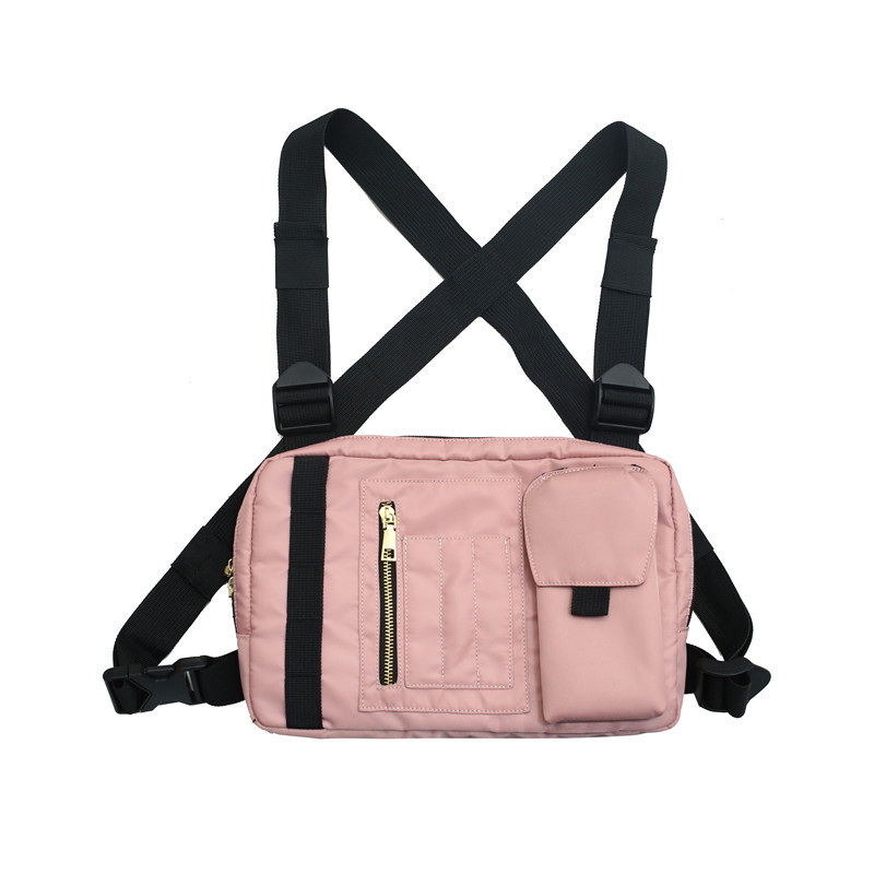 Multifunksjonell nylon brystveske for menn streetwear vest bag brystverktøy vesker kvinner tre lommer stor plass bryst rigg 5 farger: Rosa