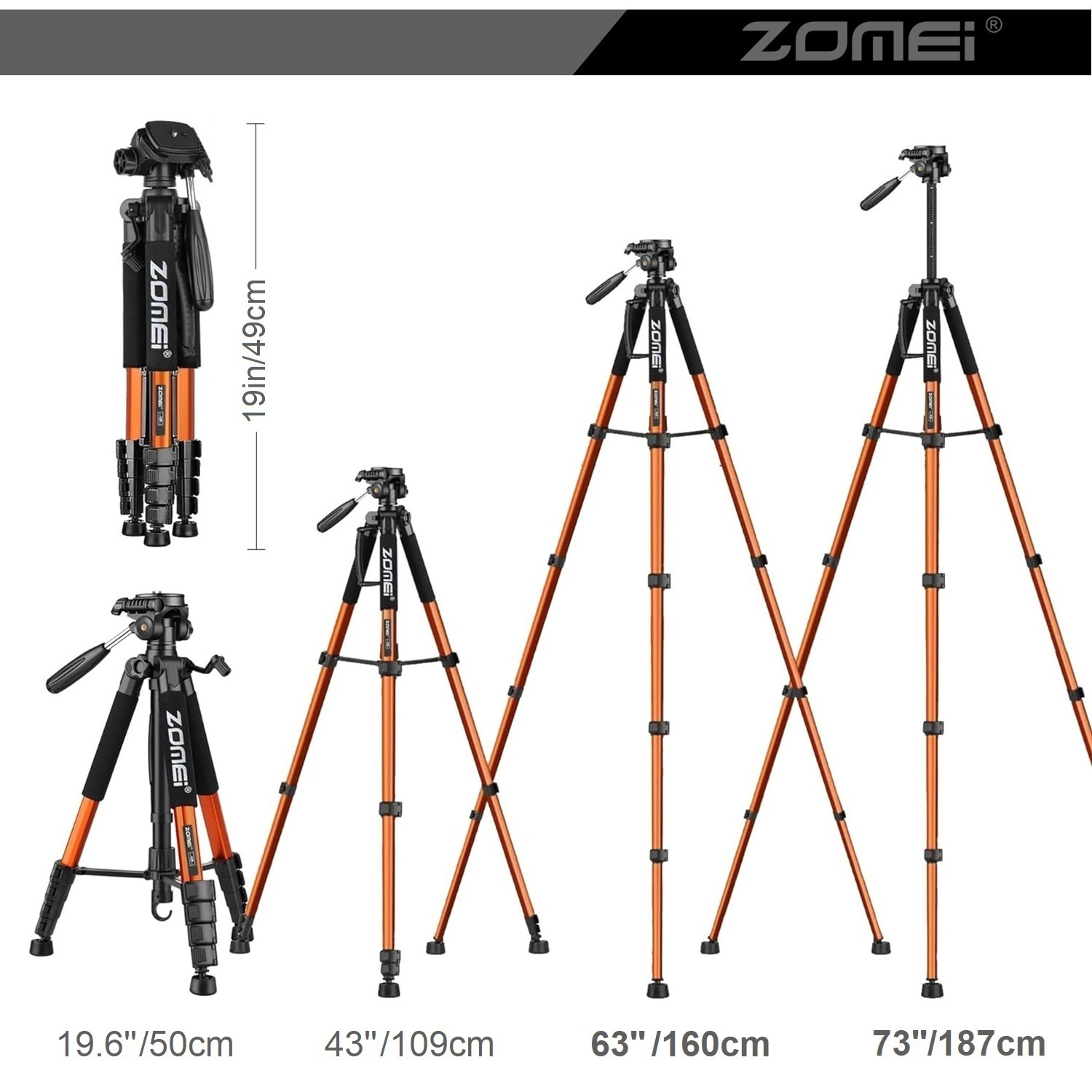 Przenośny statyw ze stopu aluminium Zomei o wysokości 187 cm/73,6 cala do lustrzanki cyfrowej Canon Nikon, 360 stopniowy statyw fotograficzny na telefon
