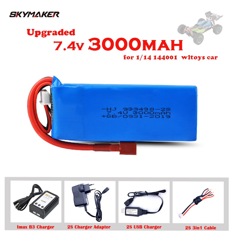 Aggiornamento 7.4V 3000mAh Lipo Batteria Per Wltoys 1/14 144001 RC Auto Giocattolo Pezzi di Ricambio 2s 7.4V batteria T Spina Per 144001 Parti di Batteria