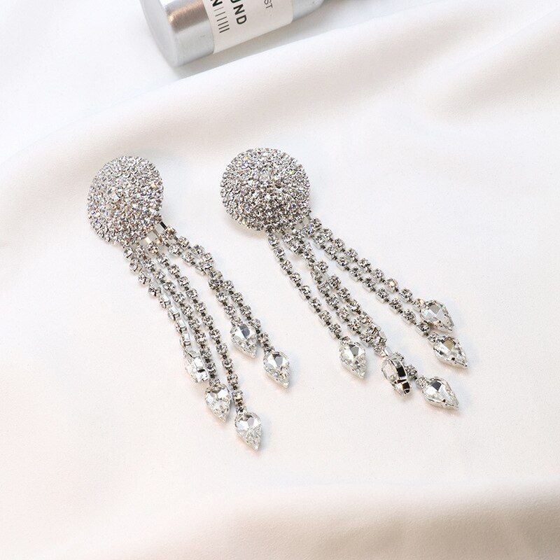 Trendy Long Circular Pendants Earrings Woman Full Rhinestone Shining Luxurious Crystal Jewelry Earrings Evening party