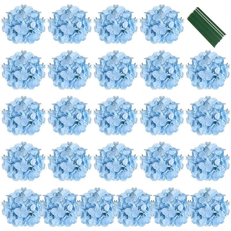 Silke hortensia kunstige blomster hortensia hoveder brude bryllup buket med stilke hjem bryllupsfest dekorationer: Blå