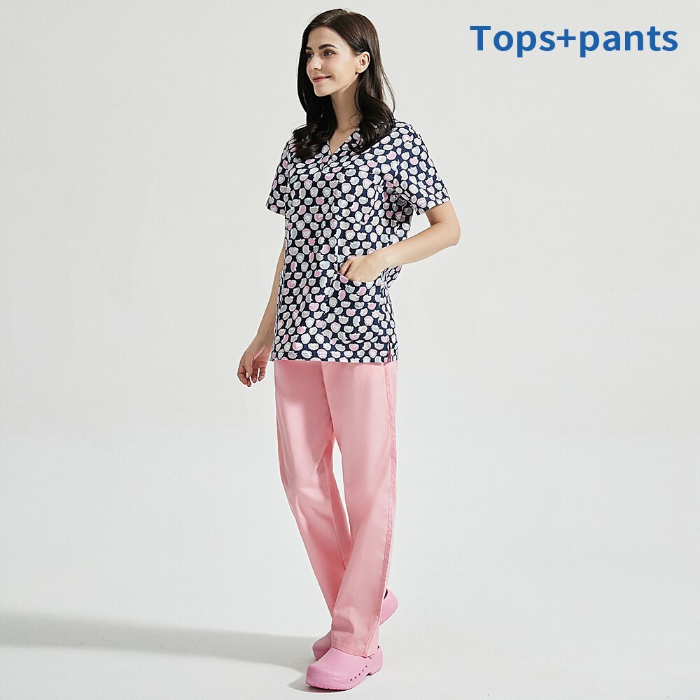 Lab cleaning job uniforms Scrubs uniform Unisex Cartoon printing scrubs tops scrubs work clothes tops/pants/set women: tops pants / S
