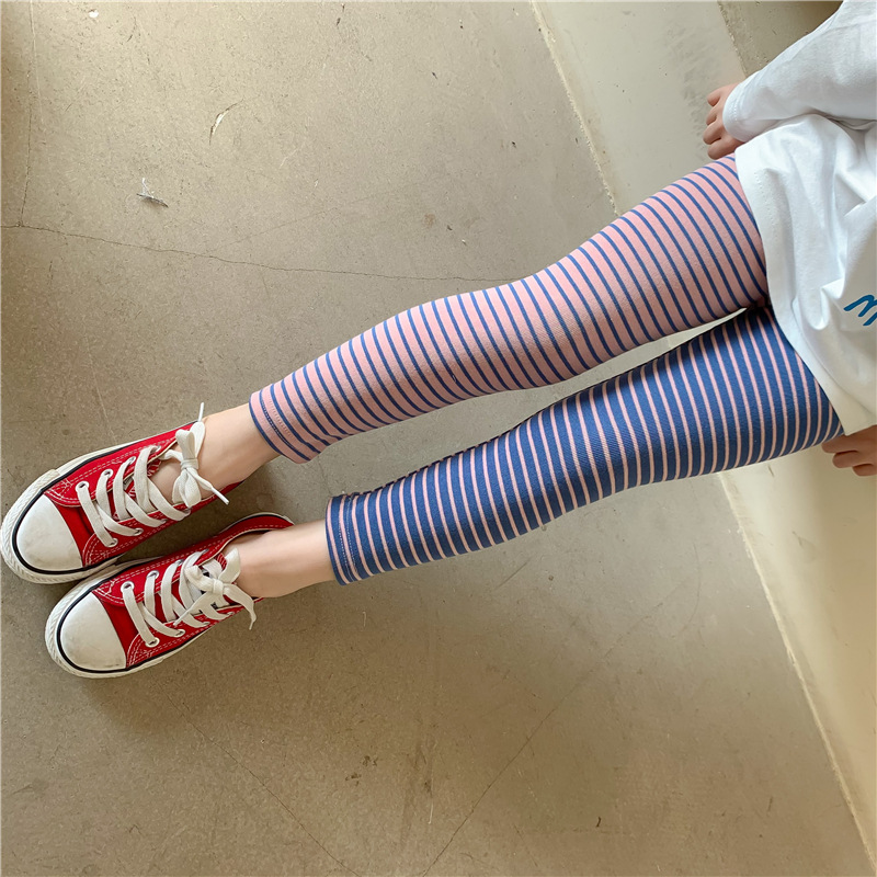 2022 Spring Girls Leggings Kids Pink and Purple Patchwork Striped Skinny Pants Children Elastic Trousers: Pink / 140