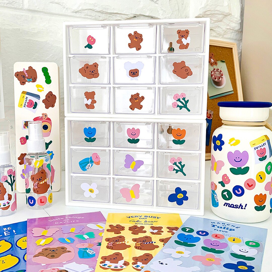 Kawaii Adhesive Paper Butterfly Bear Series Stickers Korean Cute DIY Material Stickers Scrapbooking Cute Stationery
