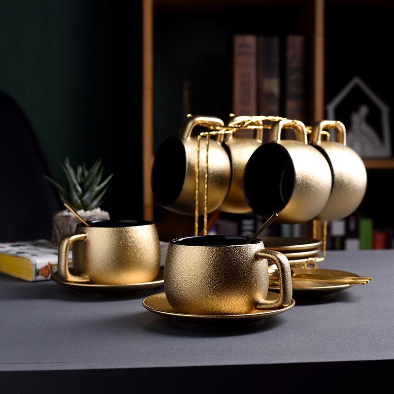Dubai luksus gyldne kaffekopper underkop sæt ædel guld keramik frostet eftermiddagstekop espressokrus tazas tasse gratis teske