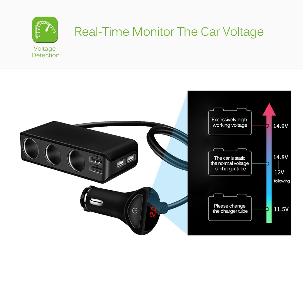Onever 4 Usb-poort 3 Way Sigarettenaansteker Splitter Charger 120W Power 6.8A USB Auto-oplader Ondersteuning display Volmeter