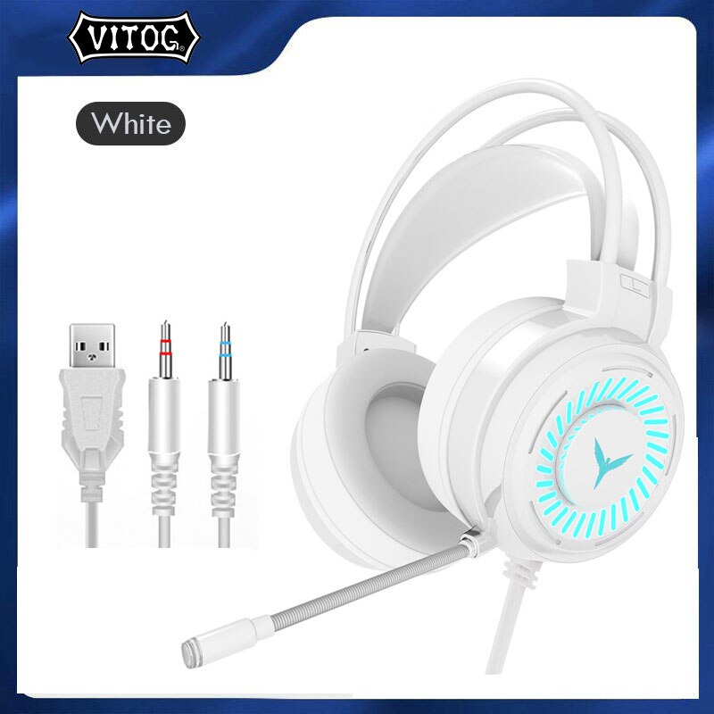 Gaming Koptelefoon Surround Gamer Hoofdtelefoon Geluid Stereo Wired Headset Met Microfoon Usb Kleurrijke Licht Pc Laptop Game Heads: White