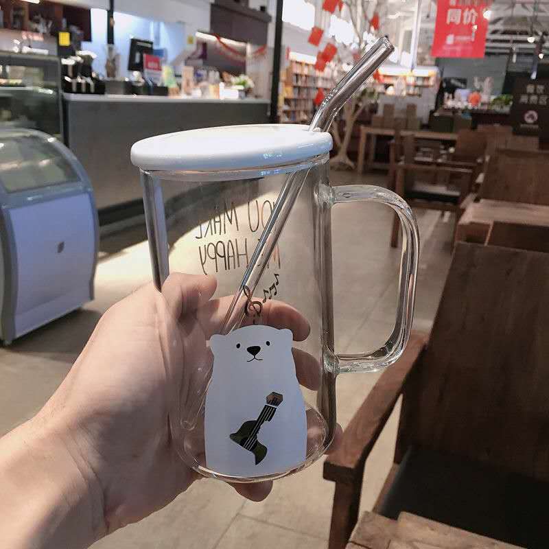High borosilicate glass Glass Cup Bear Pattern Transparent Glass Bottle Drinking tea cup with Straw with Lid Cute Large Capacity: with cover straw6