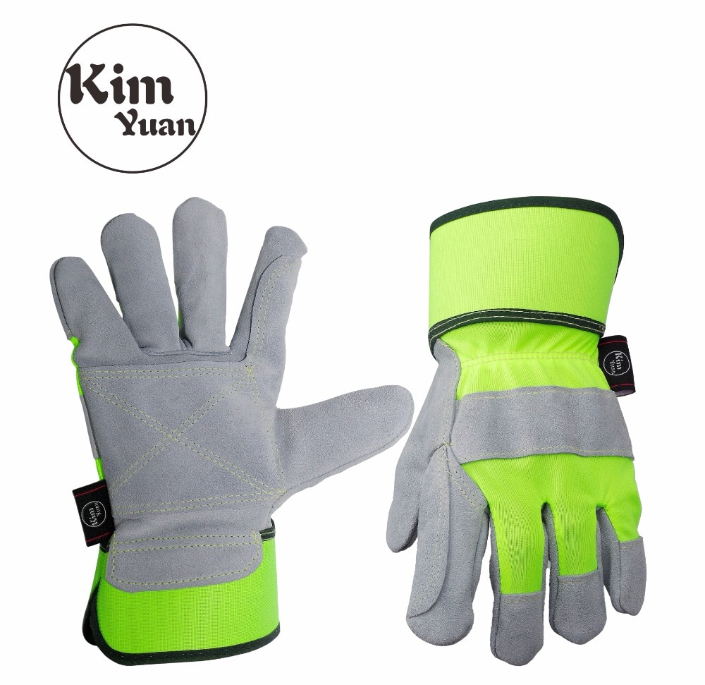 KIM YUAN 004 Leather Green Security Work Gloves, Anti-slippery & Dirt-resistant, for Gardening/Construction/Outdoor, Men&Women