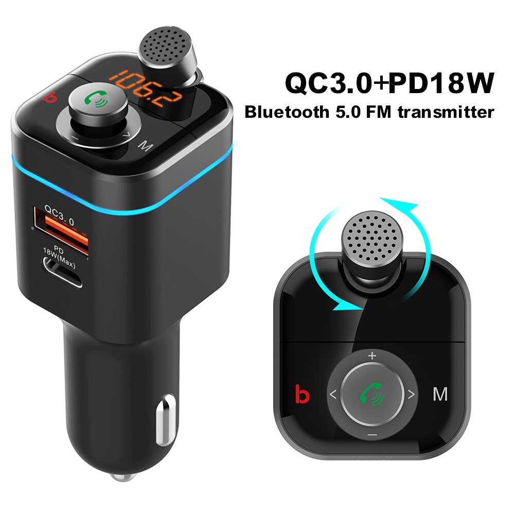 Car Bluetooth 5.0 FM Transmitter Microphone Wireless Car Charger Hands Free Call Type-c PD 18W & QC3.0 Fast Charging MP3 Player