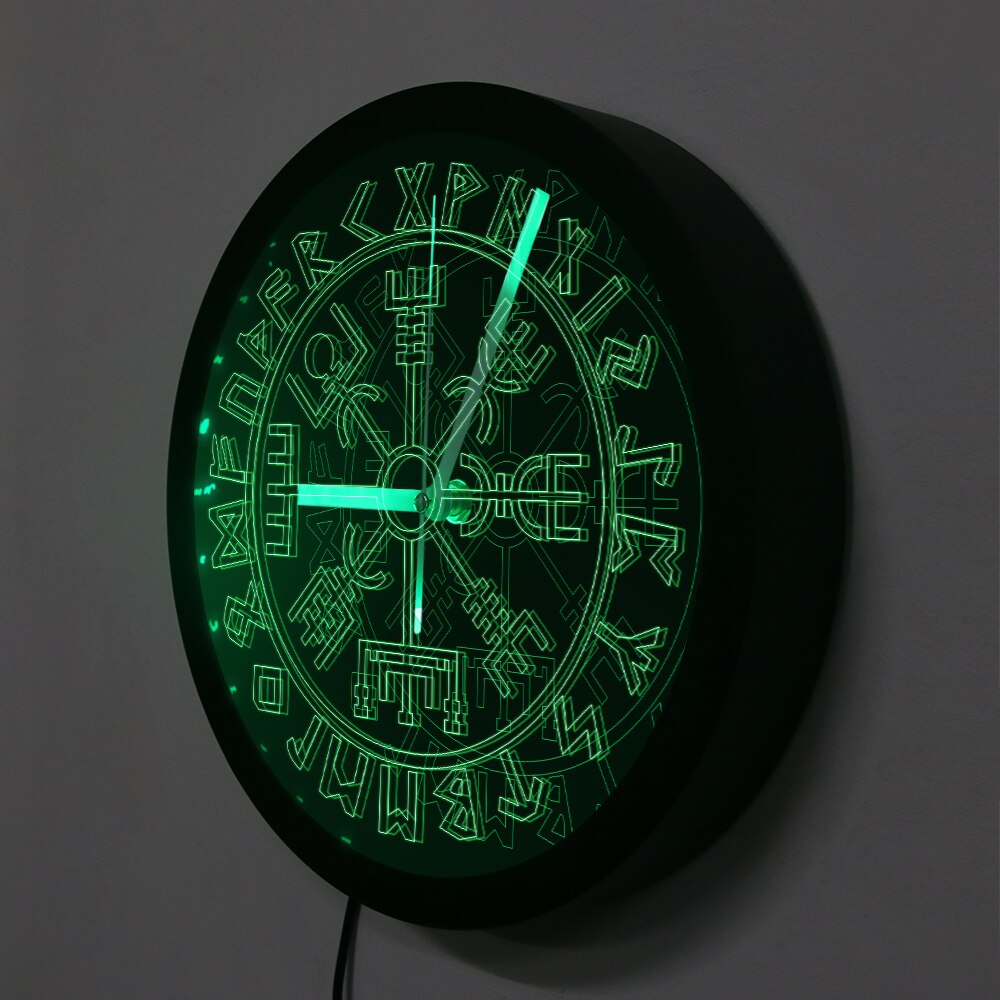 Vegvisir Compass Vikings Symbol Runes LED Neon Wall Clock Viking Scandinavian Modern Wall Clock with LED Backlight Glow in Dark